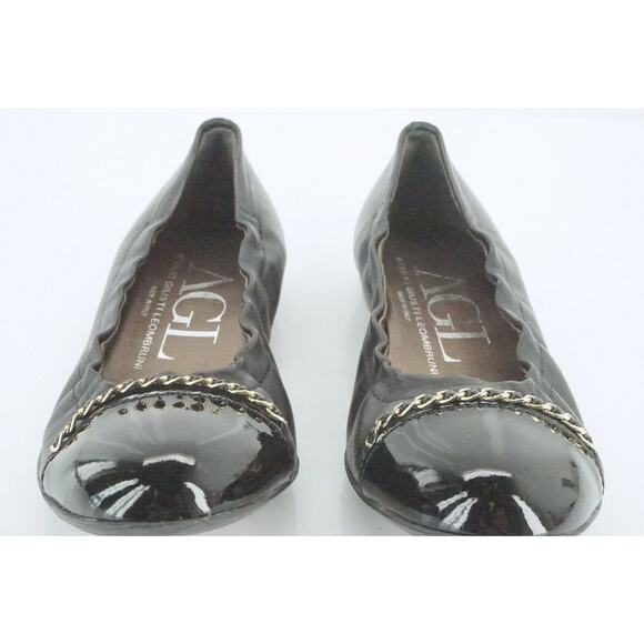 AGL Black Leather Bijoux Chain Embellished Patent Cap Toe Ballet Flat SZ 36 - Picture 9 of 12